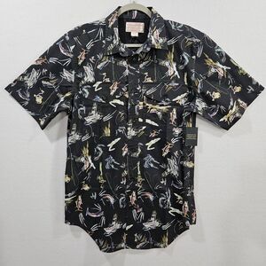 Filson Twin Lakes Short Sleeve Sport Shirt Offshore Catch Fish Print Black Small